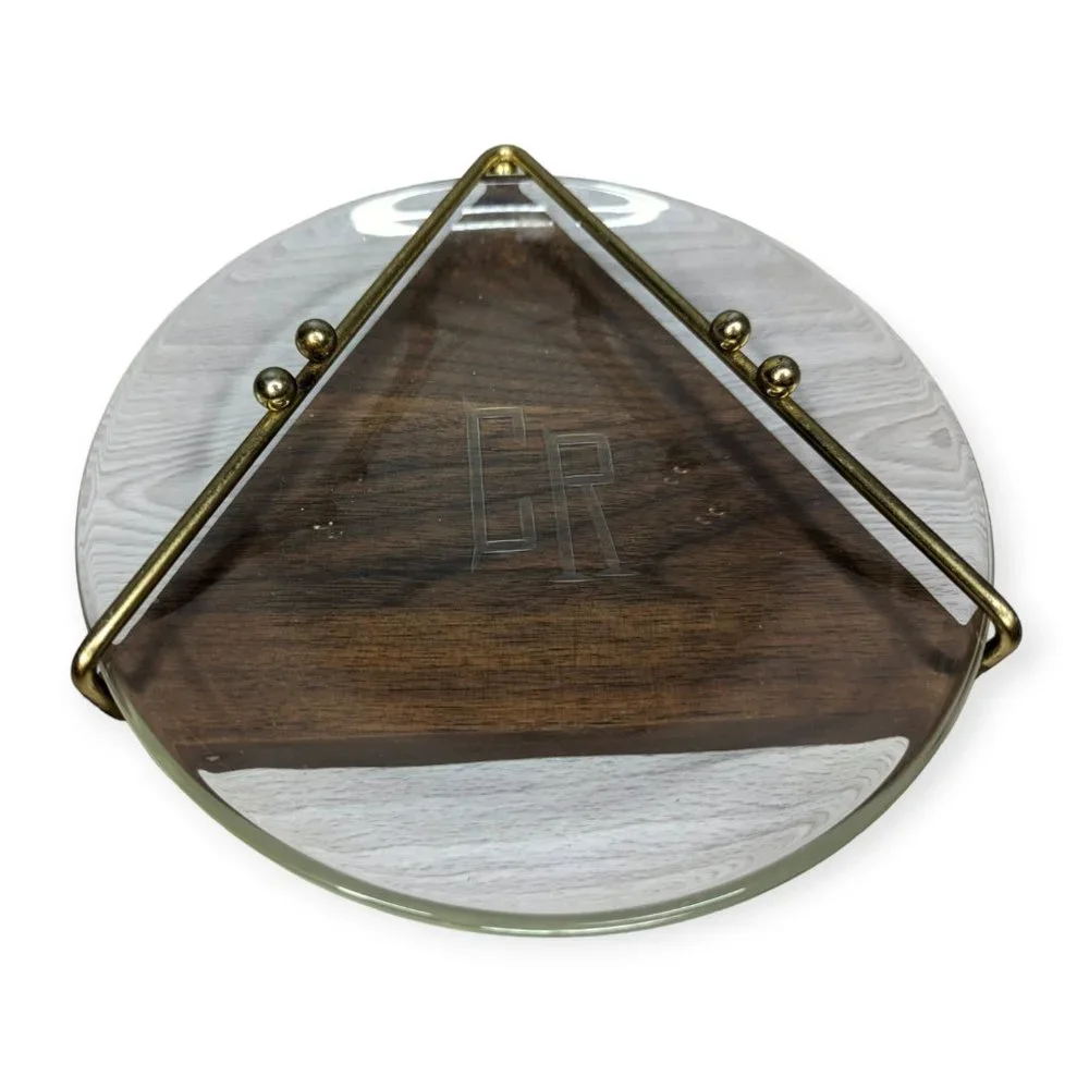 Vintage MCM Glass, Wood & Metal Ash Tray